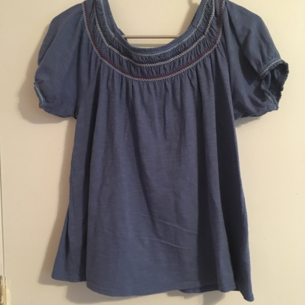 Blue, cinched, short sleeve top.